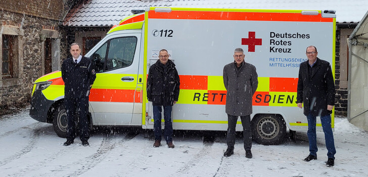 Kreisbrandinspektor Dr. Sven Holland, Geschäftsführer Markus Müller, Landrat Manfred Görig und Bürgermeister Sascha Spielberger.